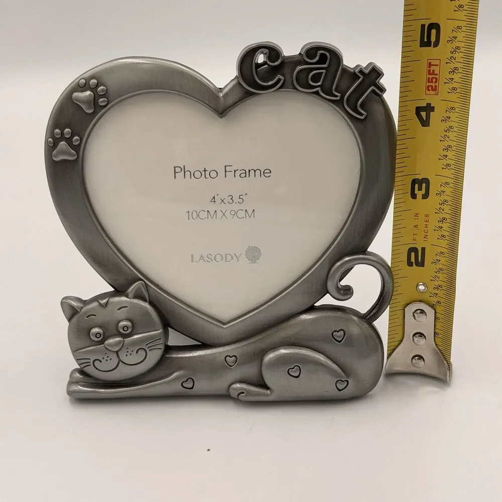 LASODY Cat Picture Frame Heart 4x3.5 Silver Tone Paw Prints Kitty Pet Decor